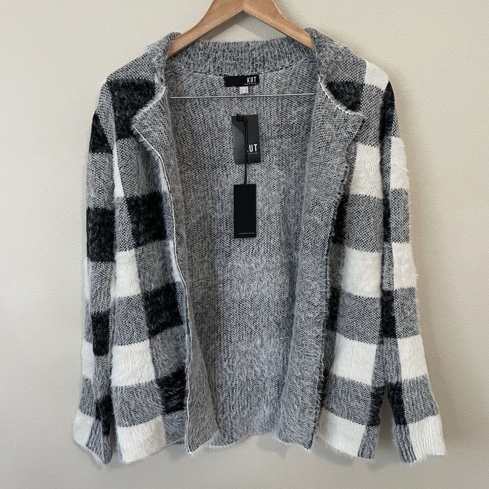 NEW Kut From The Kloth Open Front Cardigan Womens XS Buffalo Plaid Black White